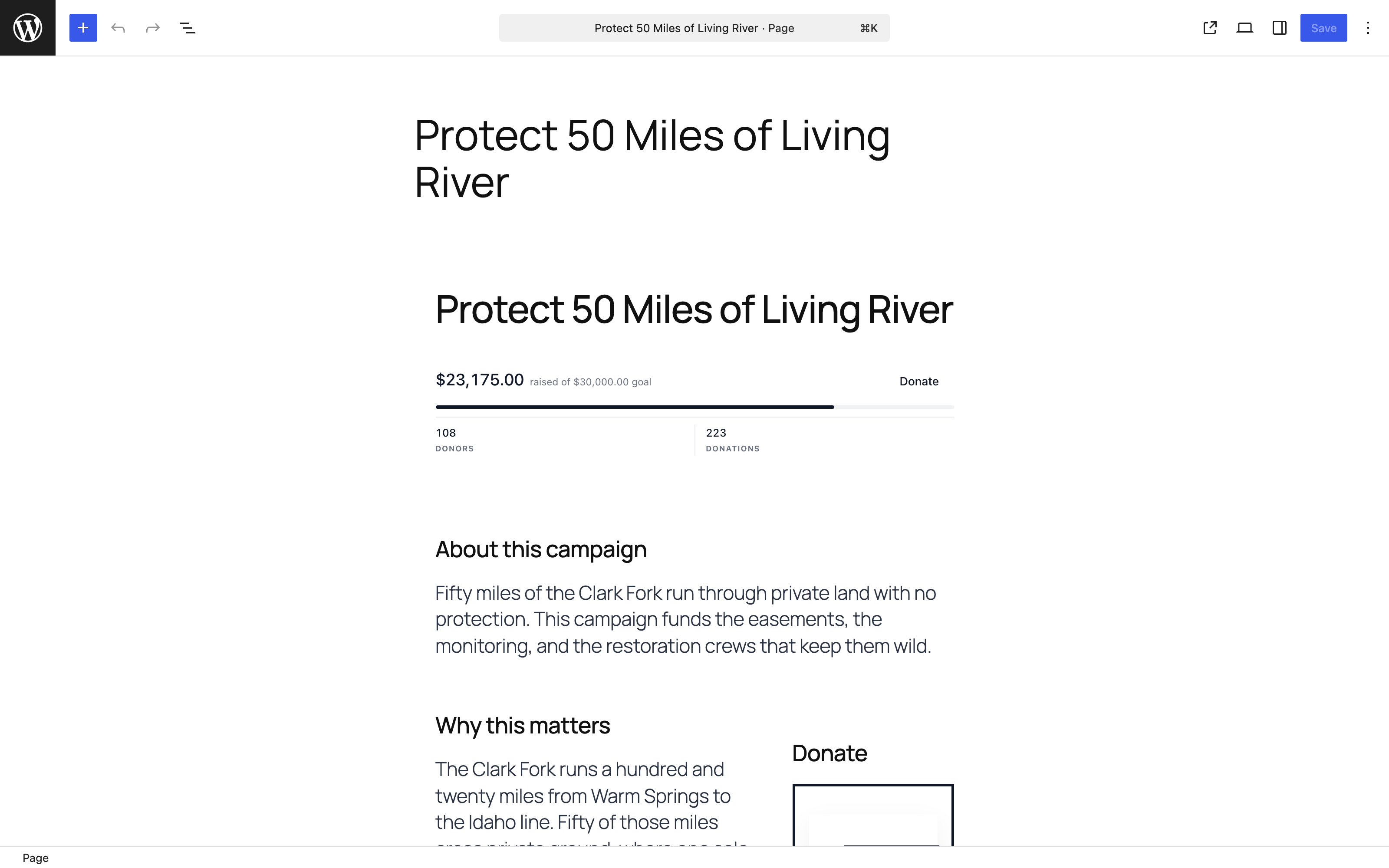 Auto-created campaign page with starter blocks