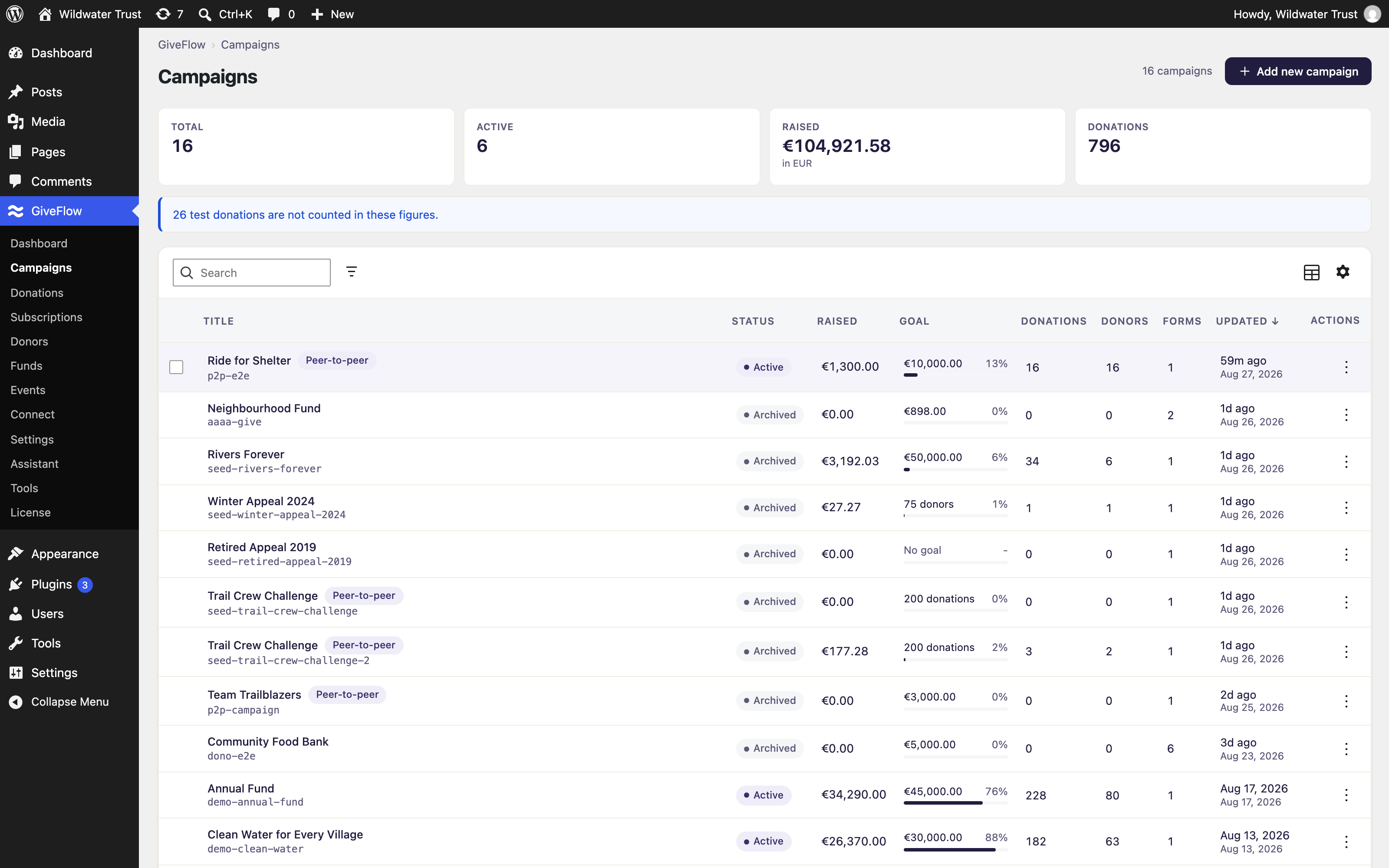 Campaigns page with Add new campaign button