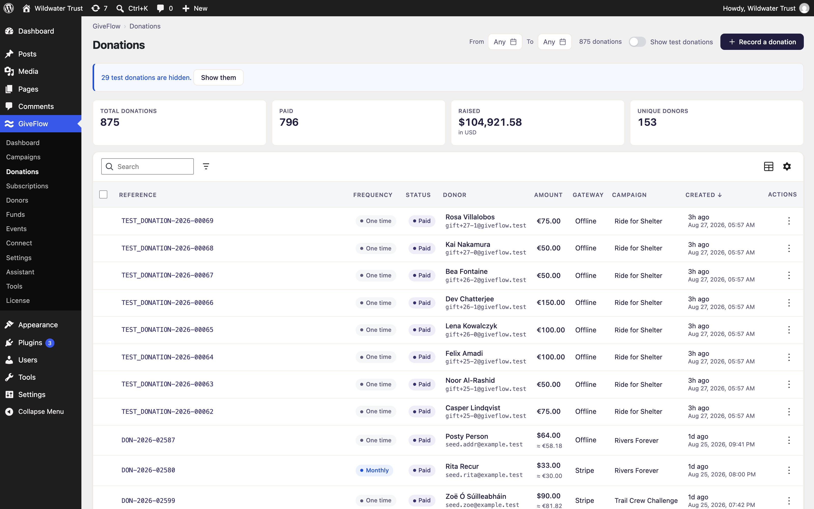 Donations list page