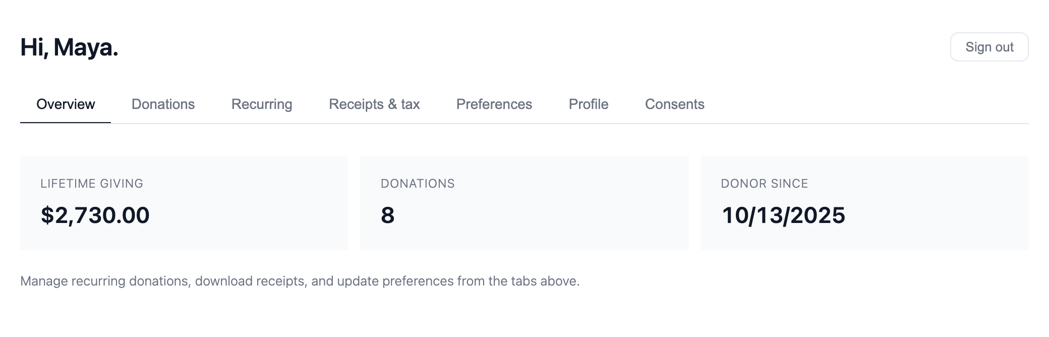 Donor portal homepage