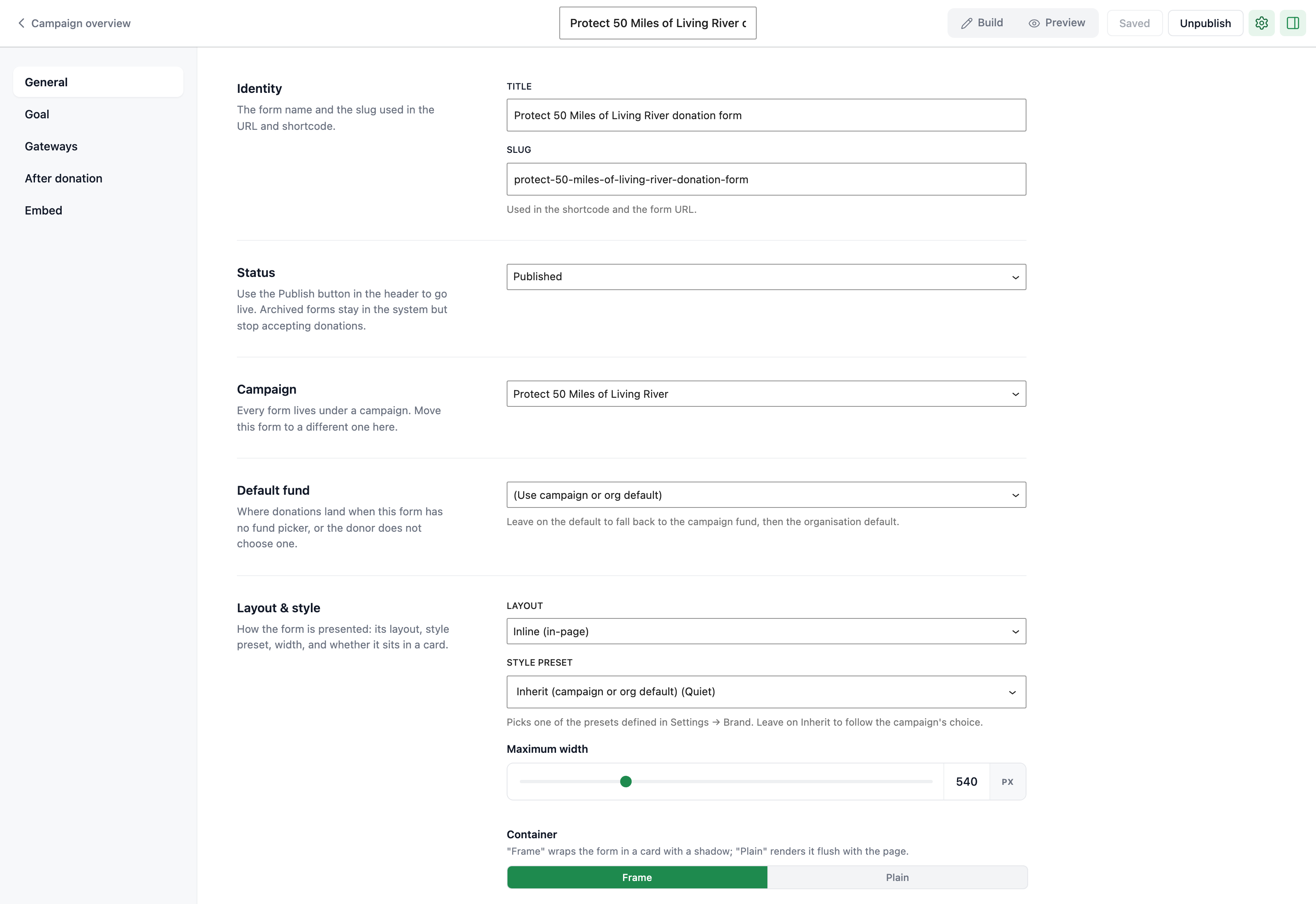Form settings panel