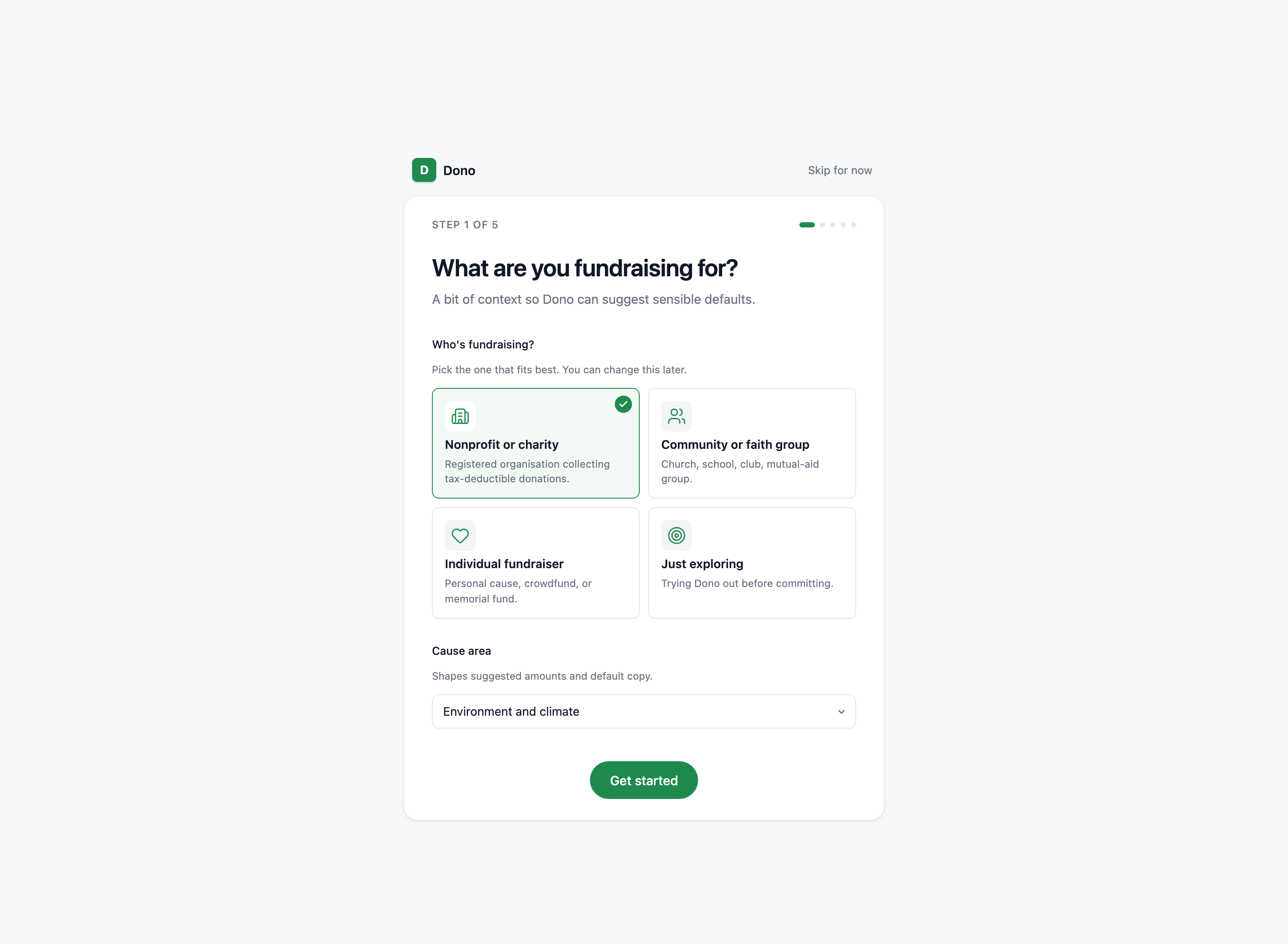 Onboarding step 1 with fundraiser type and cause area