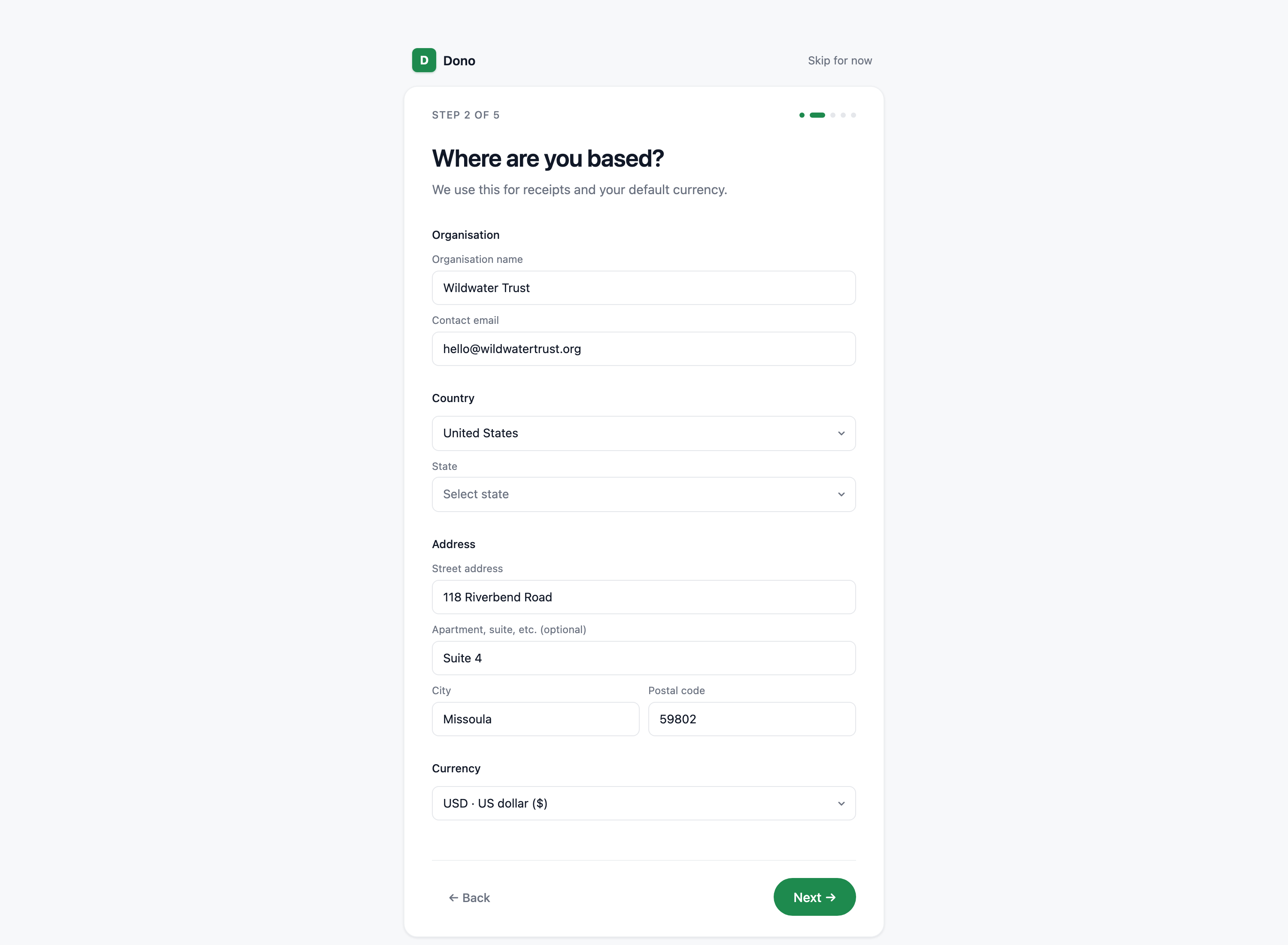 Onboarding step 2 with organization details and currency