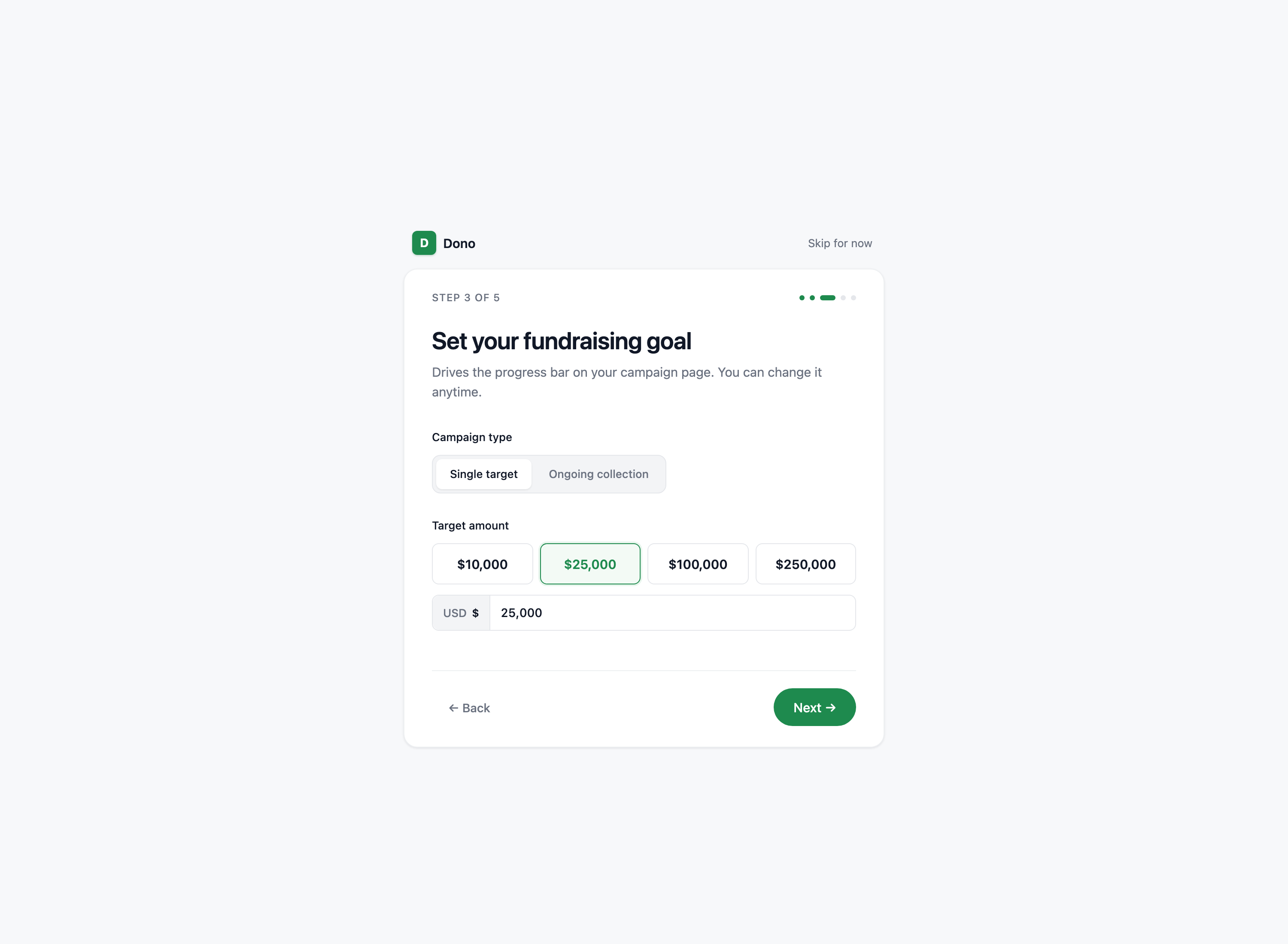 Onboarding step 3 with goal options