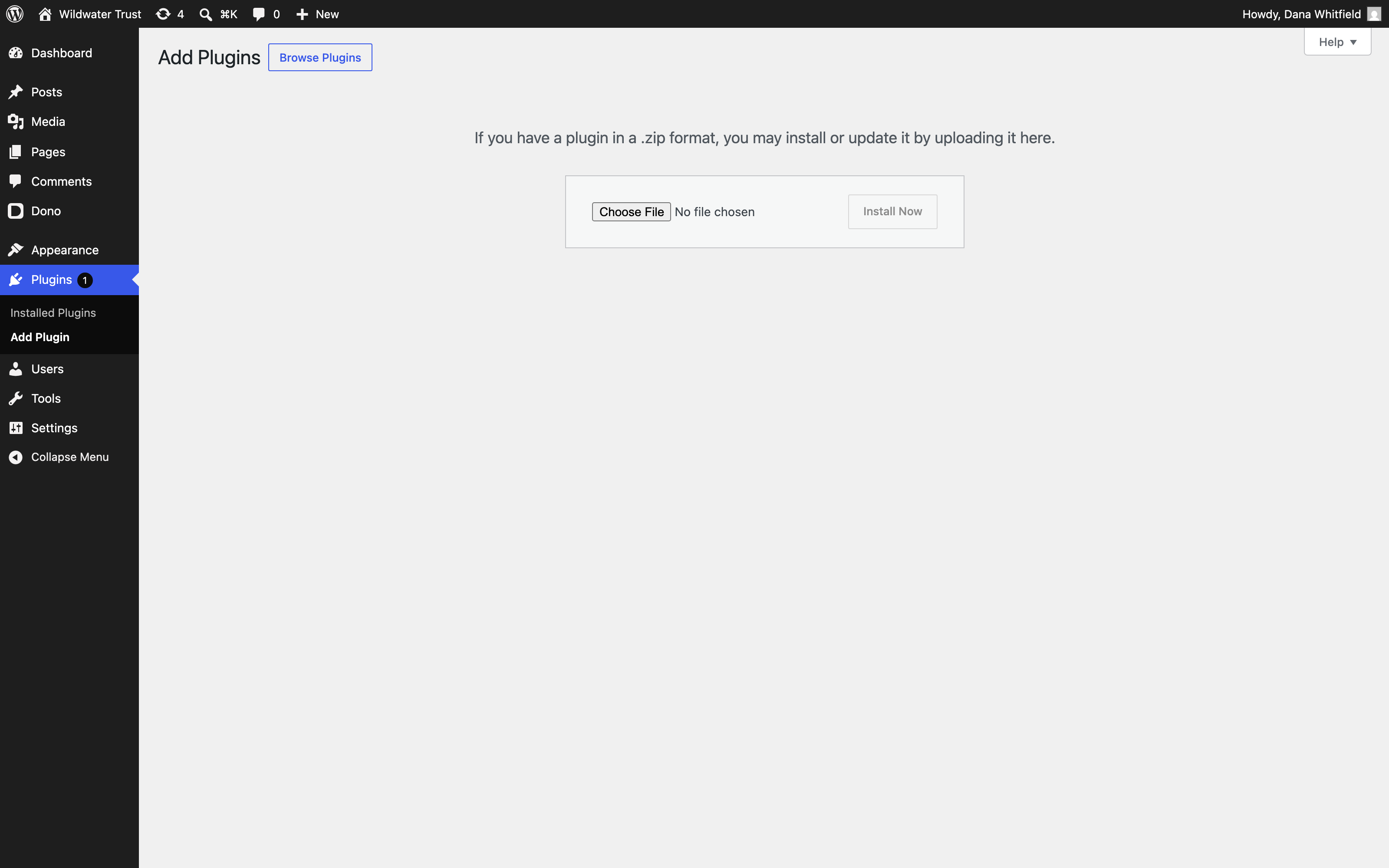 WordPress plugin upload screen