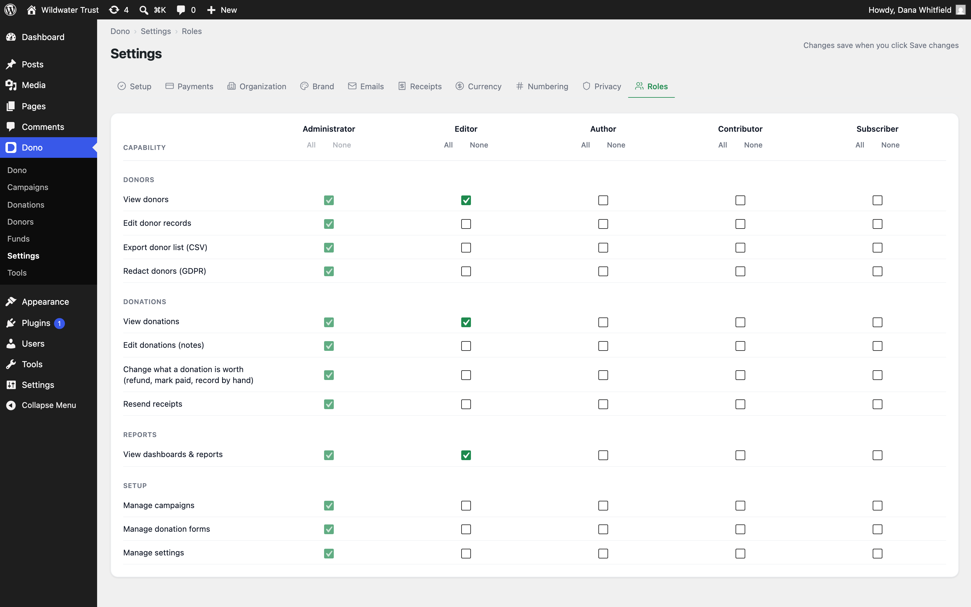 Roles settings capability matrix